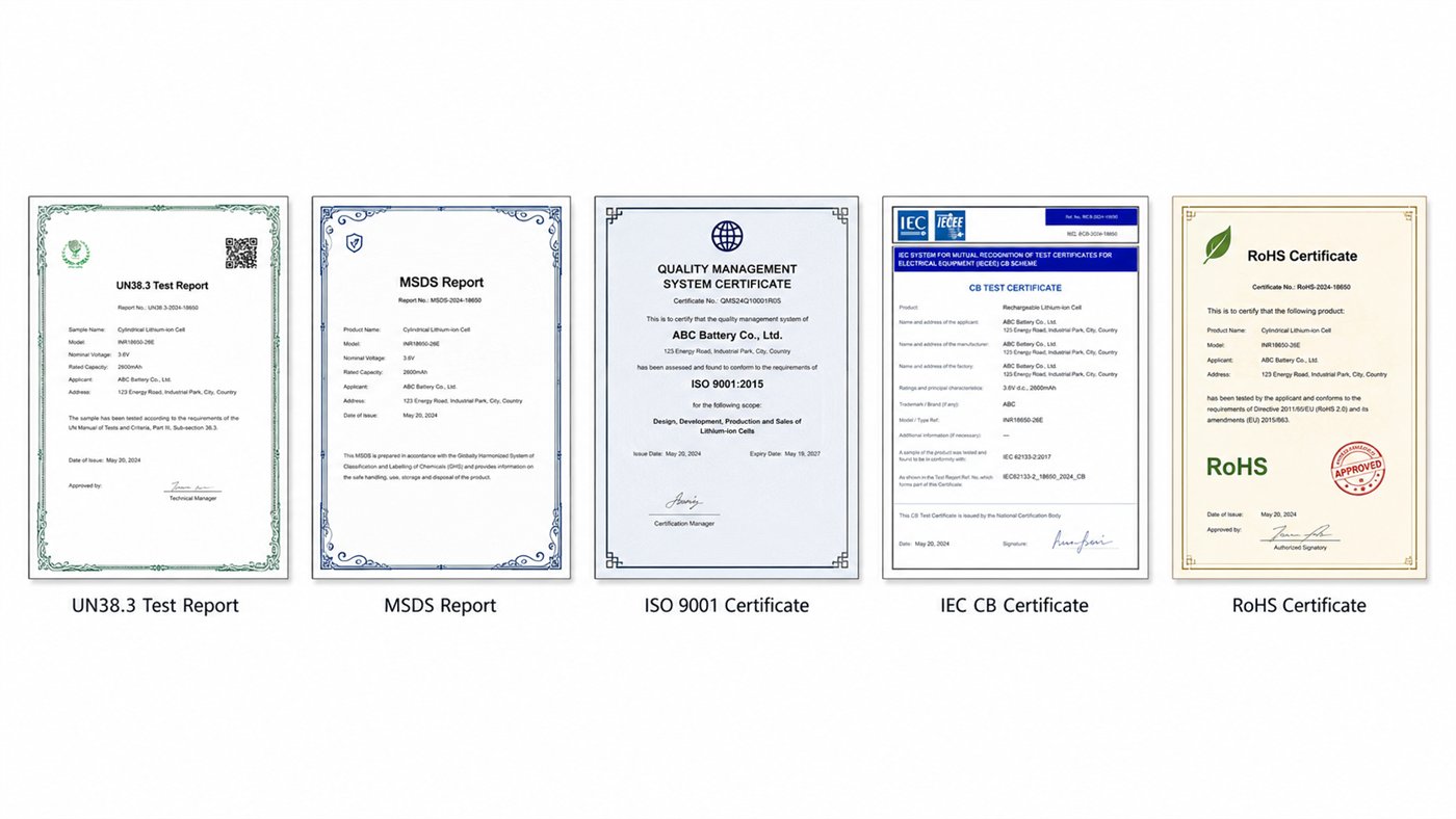 Превью сертификатов UN38.3, MSDS, ISO 9001, IEC CB и RoHS